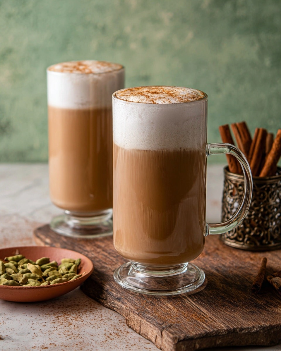 Two tall clear glass mugs with handles each hold a three-layer drink: the bottom layer is a smooth light brown tea, the middle layer blends with the top layer which is a thick white foam topped lightly with brown cinnamon powder. The glasses stand on a rustic wooden table with a small round terracotta plate of green cardamom pods on the left in the foreground and a small ornate metal basket holding cinnamon sticks in the midground. The background is a soft green tone with subtle texture. The whole scene sits on a white marbled texture surface photo taken with an iphone --ar 4:5 --v 7