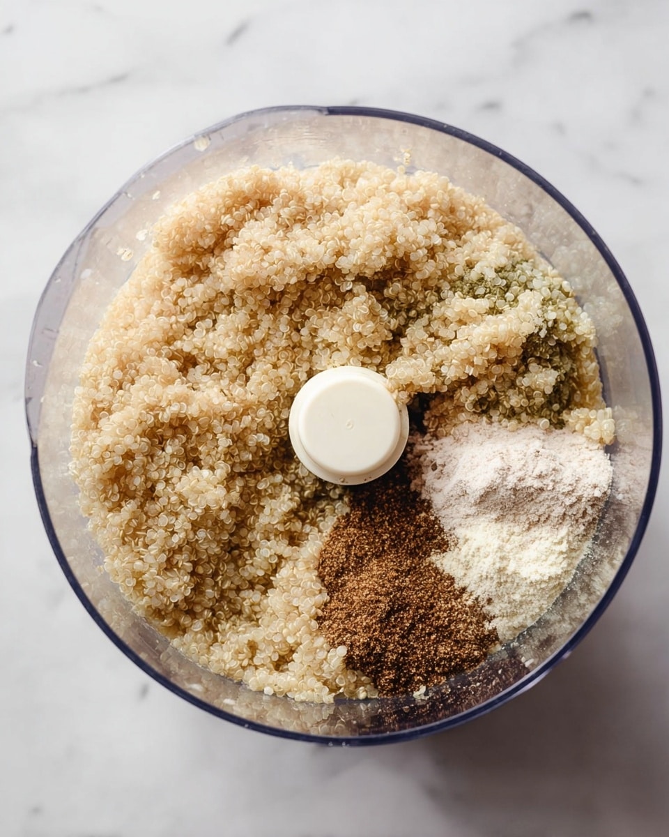 A clear round food processor bowl filled with light beige cooked quinoa covering most of the inside, topped on one side with three separate heaps of fine powders in white, light brown, and darker brown colors, contrasting with the grains, all set on a white marbled surface. photo taken with an iphone --ar 4:5 --v 7