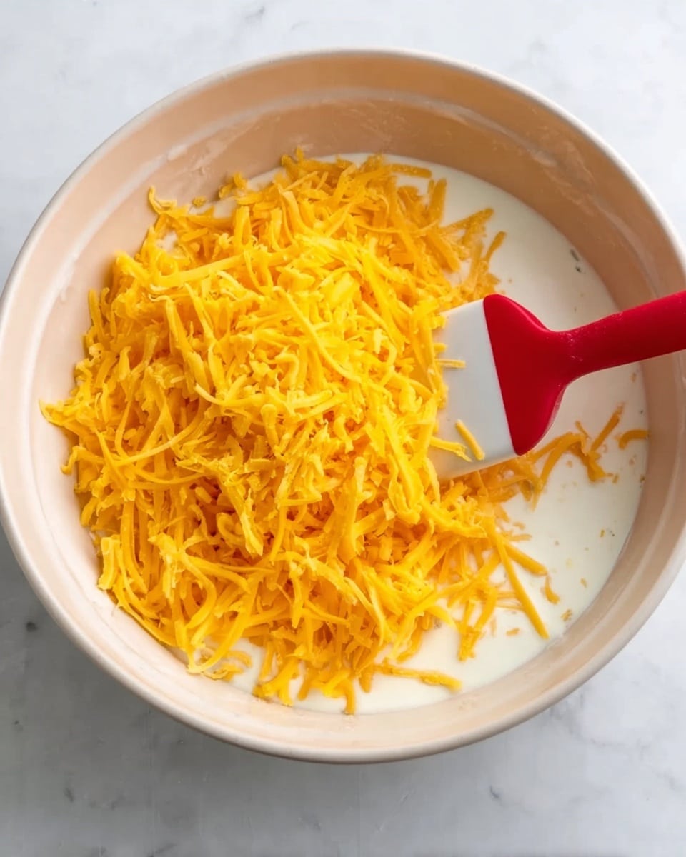 A white bowl inside with a creamy white sauce as the bottom layer, topped by a large pile of shredded bright yellow cheddar cheese spread evenly across the surface. A red and white spatula is partially buried in the cheese, angled towards the right side of the bowl. The bowl is placed on a white marbled surface. photo taken with an iphone --ar 4:5 --v 7