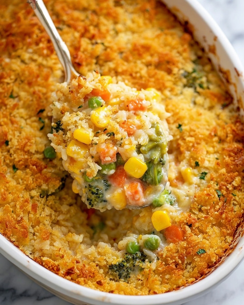 The image shows a creamy casserole in a white oval dish placed on a white marbled surface. The dish has a thick golden-brown crunchy crust layer on top with a rough texture, with some green broccoli and bits of orange carrot peeking through. Below the crust is a creamy, cheesy rice layer full of mixed vegetables including bright yellow corn, green beans, peas, diced orange carrots, and broccoli florets. A spoon is scooping out a portion, revealing the soft, moist, and rich filling beneath the crunchy top. The colors are warm and inviting, with the golden crust contrasting nicely with the colorful vegetables in the creamy base. Photo taken with an iphone --ar 4:5 --v 7
