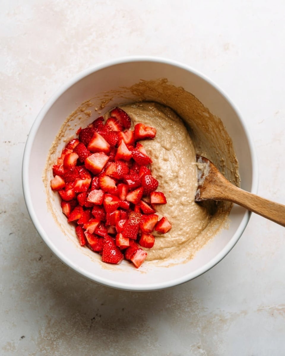A white bowl sits on a white marbled surface, filled halfway with a light brown thick batter that has a slightly rough texture. On top of the batter, on the left side, there is a pile of bright red chopped strawberries with a juicy, fresh look. A wooden spatula with batter stuck to its end rests inside the bowl on the right side, angled slightly outward. photo taken with an iphone --ar 4:5 --v 7