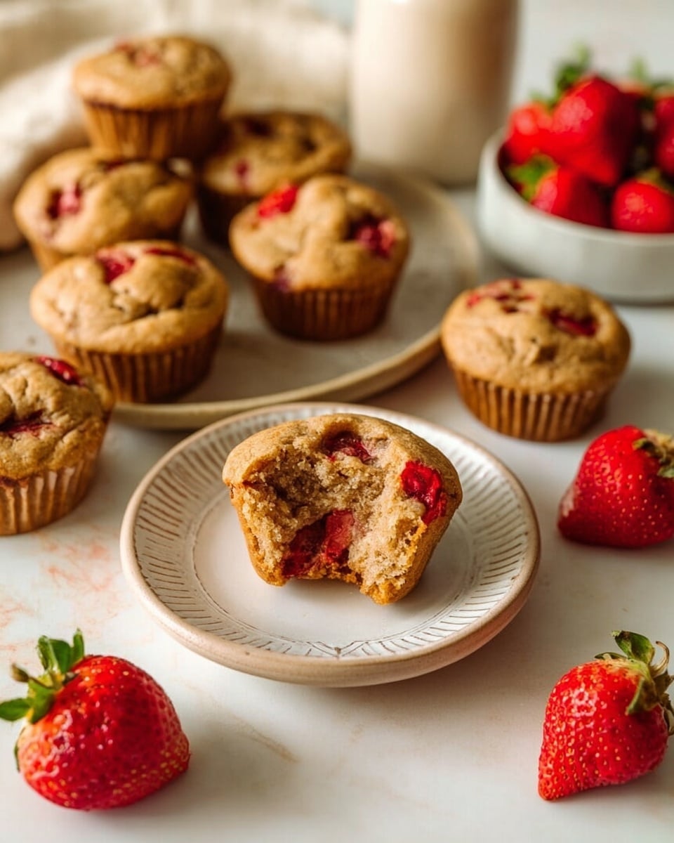 The image shows eight light brown strawberry muffins with uneven tops and pieces of red strawberries visible within and on top. One muffin is placed at the center on a small white plate with a decorative rim, and it is bitten to show a soft, crumbly interior with a red strawberry piece inside. Around the plate, the other muffins and fresh whole strawberries are scattered on a white marbled surface. In the background, a small bowl filled with fresh red strawberries and a bottle of milk are slightly out of focus. The lighting is warm and soft, emphasizing the textures of the muffins and strawberries. photo taken with an iphone --ar 4:5 --v 7