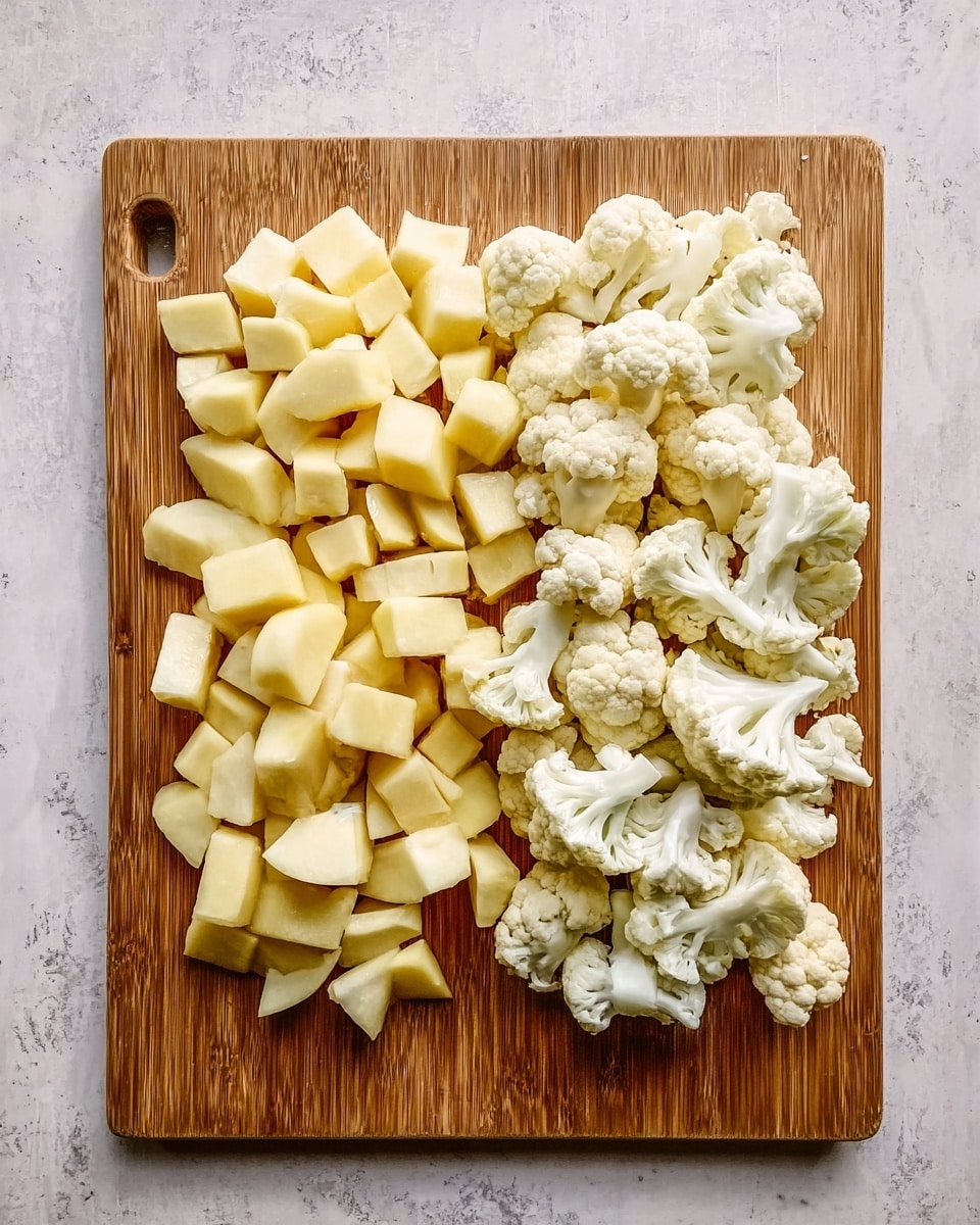 A wooden cutting board placed on a white marbled surface holds two neat piles of fresh vegetables. On the left side, there is a layer of pale yellow potato pieces, each cut into small cubes with smooth edges. On the right side, there is a layer of white cauliflower florets, showing their natural bumpy texture and irregular shapes. The overall image is clean and simple, with the light colors of the vegetables contrasting against the rich wood tones of the cutting board photo taken with an iphone --ar 4:5 --v 7