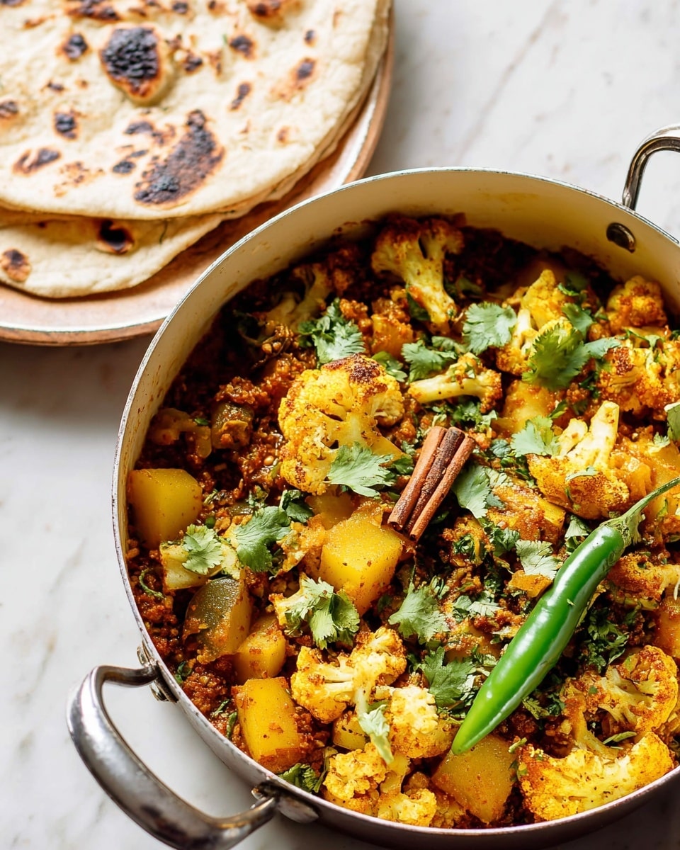 The dish is a vibrant vegetable curry inside a white pot with a silver handle, filled with layers of yellow and orange-spiced cauliflower florets and cubed potatoes mixed with green herbs on top, including fresh cilantro leaves scattered throughout. There is a whole green chili pepper resting near the center along with a cinnamon stick visible among the vegetables. The textures include soft cooked veggies coated in a rich, slightly oily spice mix. In the background, there is a white flatbread with grilled dark brown marks on a white marbled surface. Photo taken with an iphone --ar 4:5 --v 7