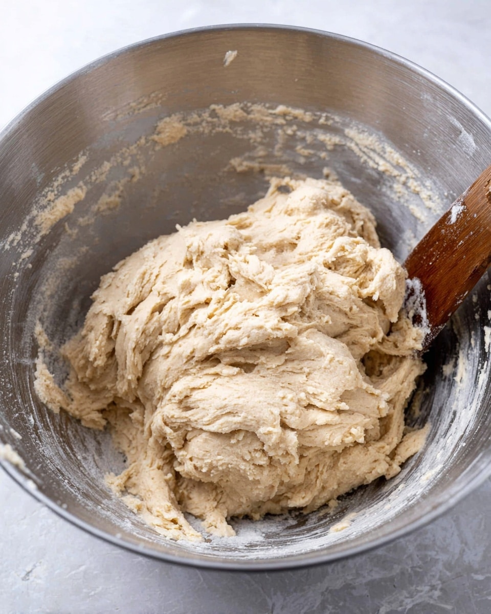 The image shows a large clump of pale beige dough with a rough and slightly sticky texture inside a shiny silver mixing bowl. The dough has a thick, uneven surface with small folds and soft ridges. The bowl's inner sides are marked with remnants of dough, indicating recent stirring. Part of a wooden spoon handle, coated in dough, rests on the right side inside the bowl. The whole scene is set on a white marbled surface. photo taken with an iphone --ar 4:5 --v 7