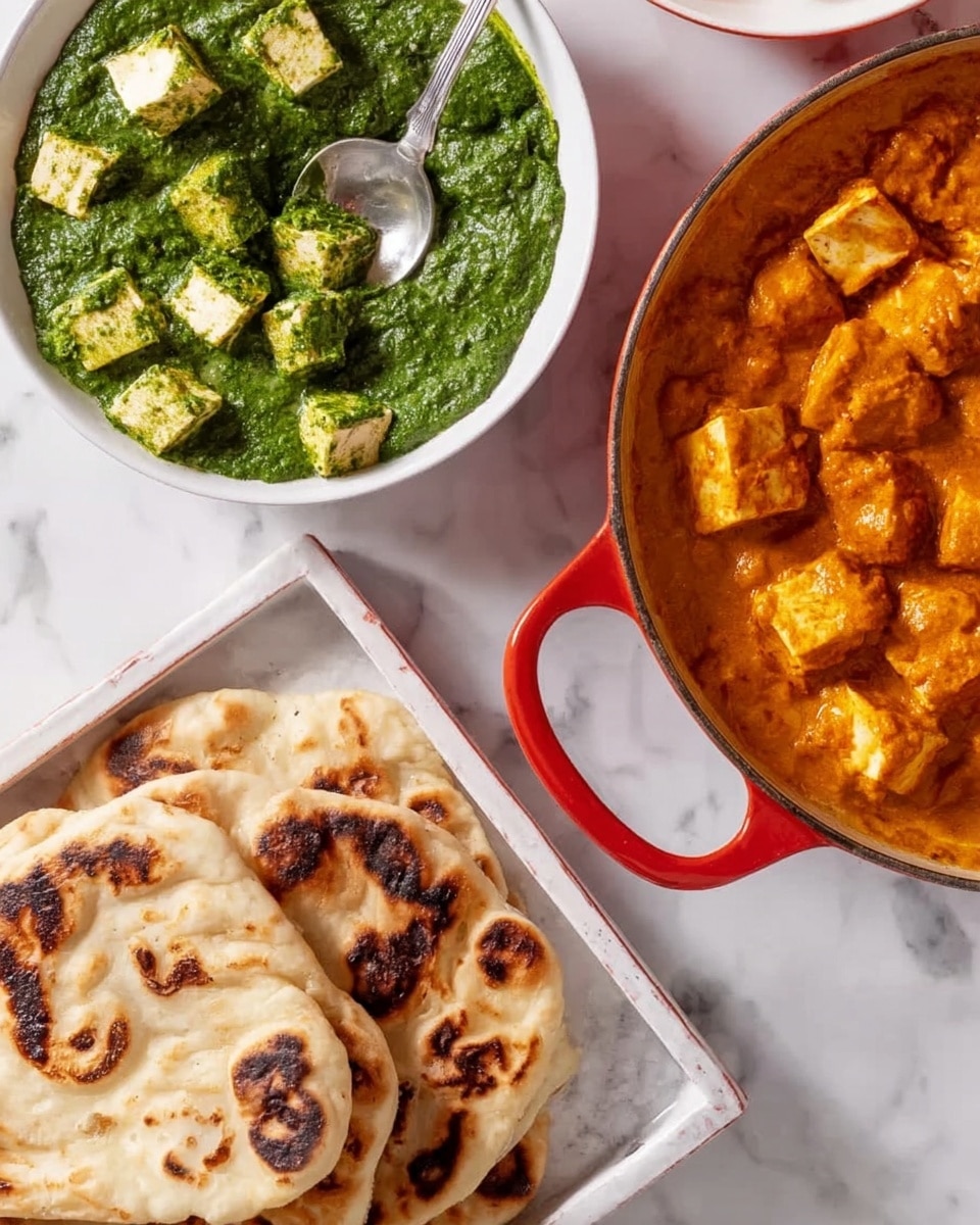 The image shows three main items on a white marbled surface; at the top right is a red pan filled with an orange curry containing chunks of paneer, the sauce appears creamy and thick with a smooth texture. On the left side, there is a white bowl filled with bright green spinach curry mixed with paneer cubes, with a silver spoon dipped in it. At the bottom center, there is a stack of naan bread with slightly charred spots and a soft, fluffy texture placed on a white tray. photo taken with an iphone --ar 4:5 --v 7