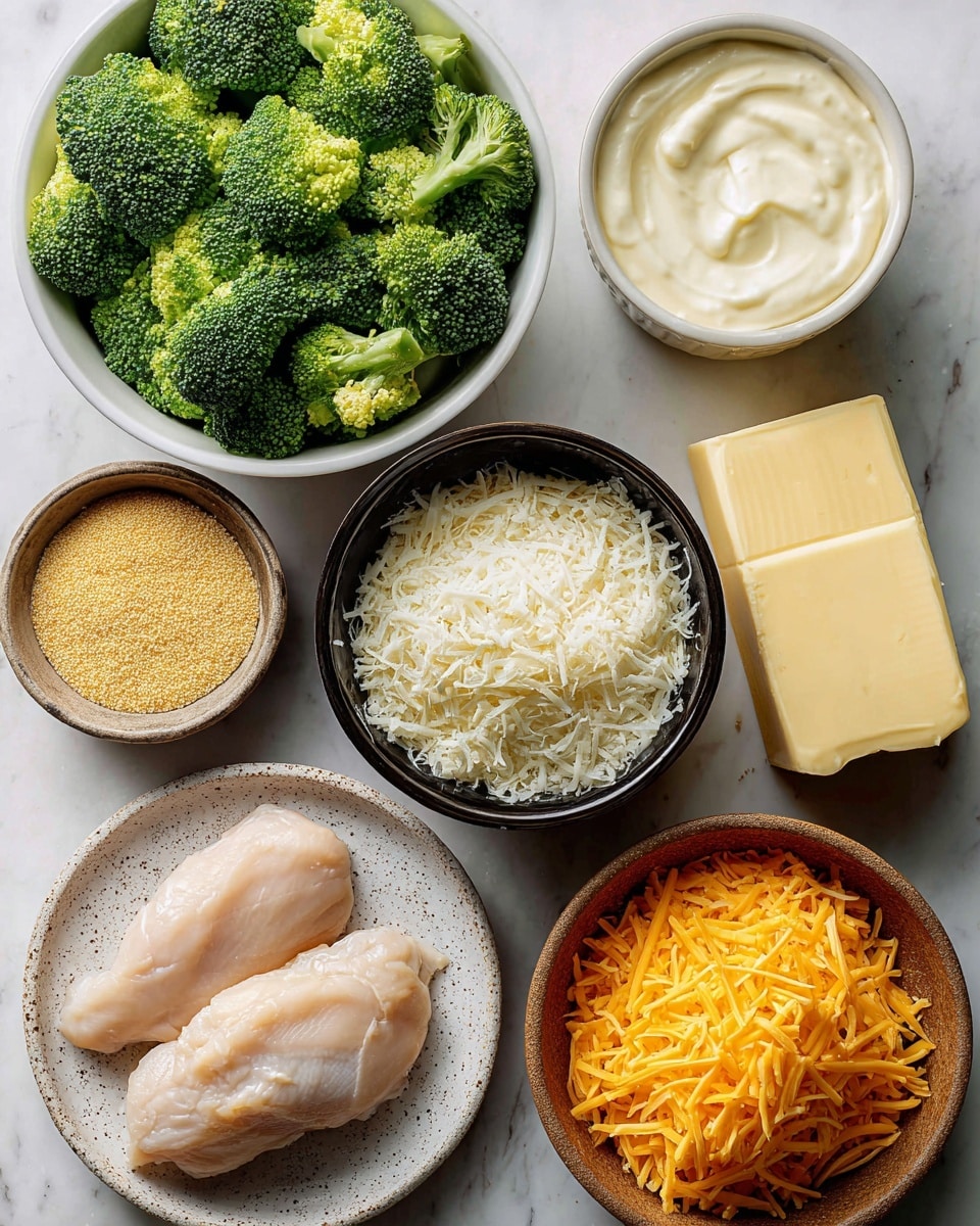 A white bowl filled with fresh green broccoli florets sits in the top left, next to a white bowl holding a creamy, pale yellow sauce in the top right. Below, a small white bowl contains golden breadcrumbs on the left side, beside a black bowl filled with smooth, white sour cream. A block of pale yellow butter leans beside a brown bowl full of fine grated Parmesan cheese. At the bottom left, a white speckled plate holds two pieces of raw, light pink chicken, and on the bottom right, a brown bowl is filled with bright orange shredded cheddar cheese. All items are placed on a white marbled surface photo taken with an iphone --ar 4:5 --v 7