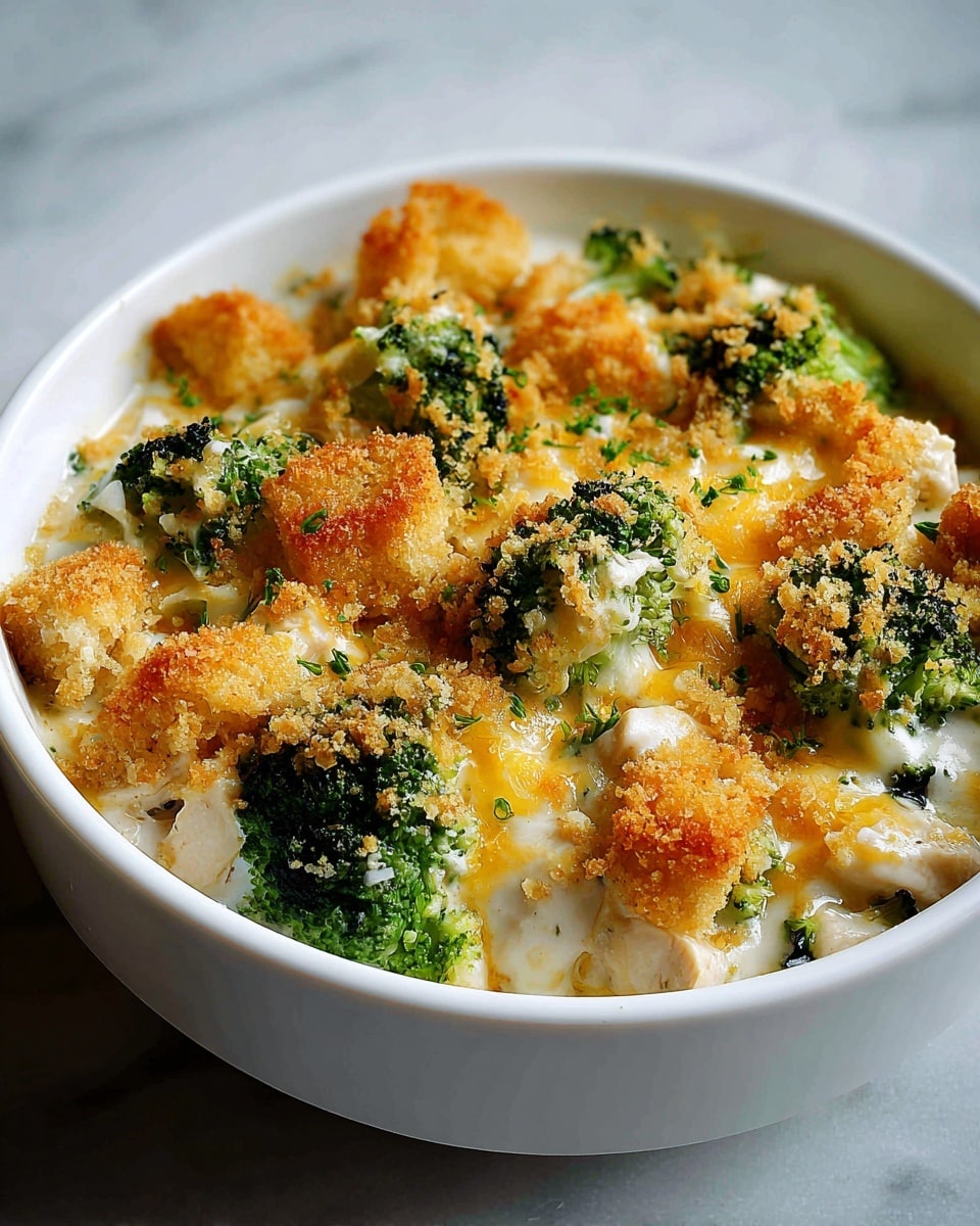 A white bowl filled with three layers: the bottom layer is creamy white sauce mixed with small pieces of white chicken; the middle layer has bright green broccoli florets scattered around; the top layer is golden brown crispy breadcrumbs with some melted light yellow cheese and sprinkled small green herbs all over. The edges of the bowl show some creamy sauce oozing out lightly. The dish is placed on a white marbled surface. Photo taken with an iphone --ar 4:5 --v 7