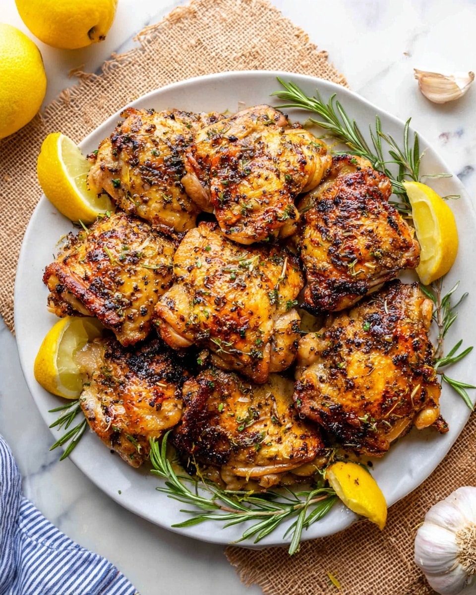 A white plate filled with a pile of golden brown grilled chicken pieces showing crispy, slightly charred edges with specks of black pepper and herbs. The chicken rests on lemon slices all around its edges. Sprigs of fresh green rosemary are placed on the plate, adding a touch of color and freshness. The plate sits on a piece of coarse brown burlap cloth, set on a white marbled textured surface. In the corner, a part of a lemon and a garlic bulb are visible, enhancing the fresh, natural feel of the scene. Photo taken with an iphone --ar 4:5 --v 7