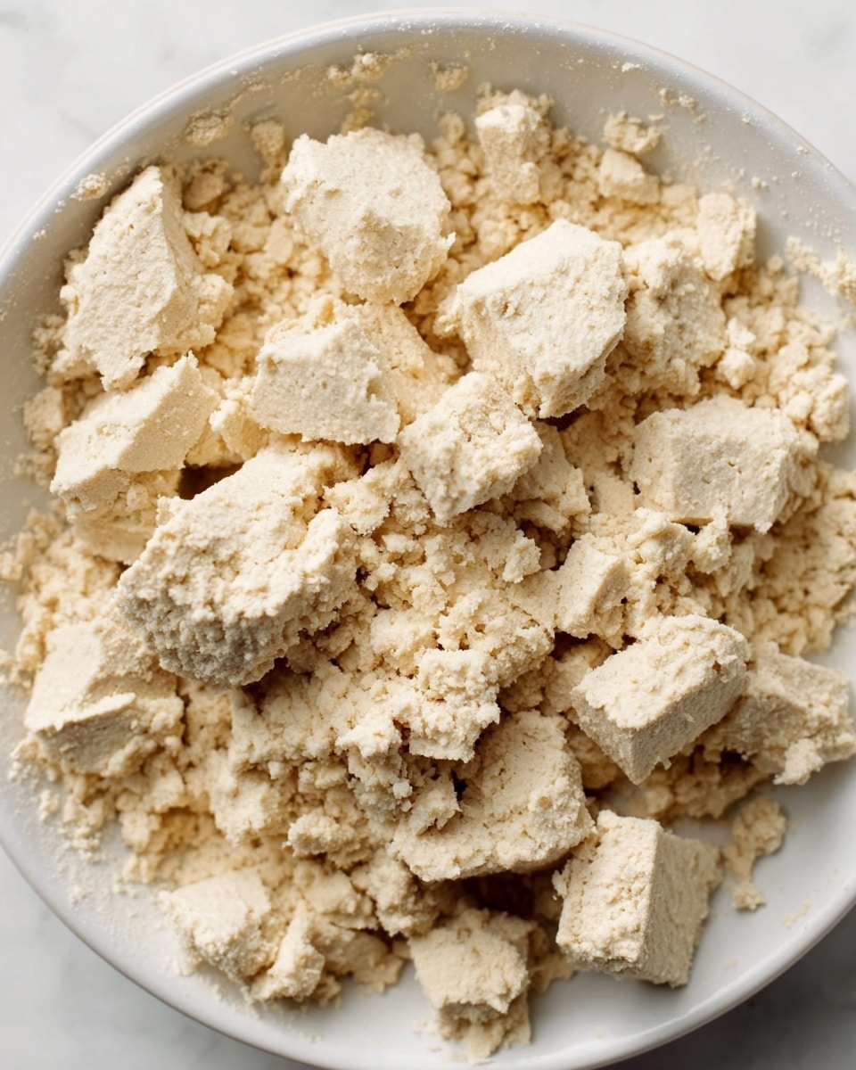 The image shows a close-up of a white bowl filled with soft, crumbly pieces of light beige tofu. The tofu chunks have a grainy, slightly rough texture with small crumbs scattered around them. The bowl sits on a white marbled surface, enhancing the neutral colors of the tofu. A woman's hand is lightly touching the edge of the bowl, adding a sense of scale to the scene. Photo taken with an iphone --ar 4:5 --v 7