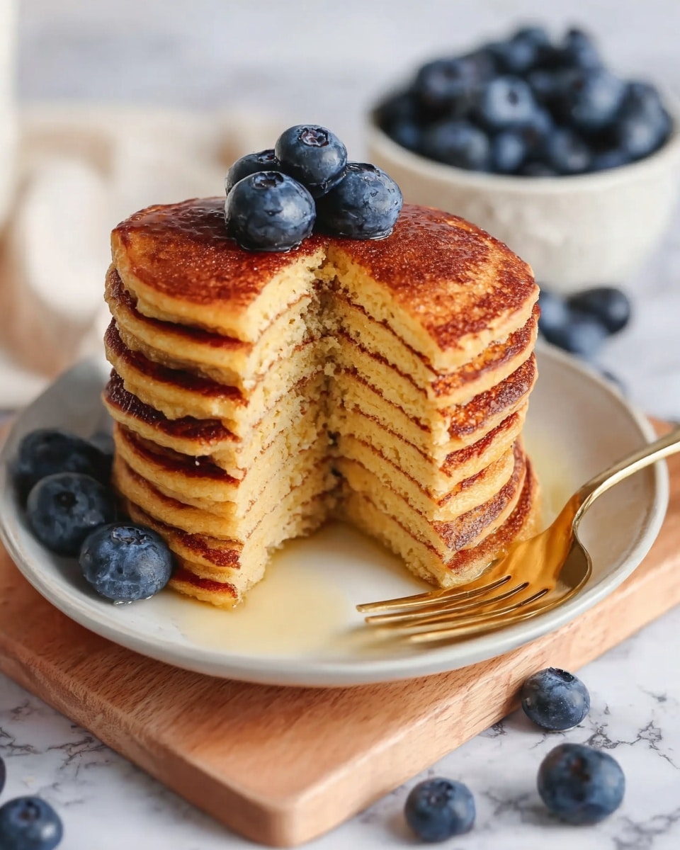 A tall stack of nine golden brown pancakes sits on a white plate, with a thick, fluffy texture visible in each layer. The stack has a large bite taken out of it, showing the soft inside of the pancakes. On top, three shiny, plump blueberries rest, adding a deep blue contrast. Around the plate are more fresh blueberries scattered on a light wooden board. A white bowl filled with blueberries is in the background on a white marbled surface. A shiny gold fork lies to the right of the plate, reflecting light. photo taken with an iphone --ar 4:5 --v 7