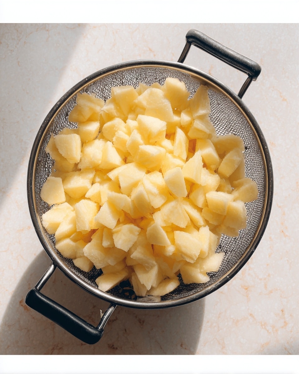 The image shows a black metal strainer basket filled with many pieces of peeled yellow apple chunks. The apple pieces are irregular in shape but mostly small to medium sized and fill the whole basket. The strainer basket has a solid handle and rests on a white marbled surface. The light is soft and natural, showing the smooth texture of the apple pieces and the small holes in the metal basket. photo taken with an iphone --ar 4:5 --v 7