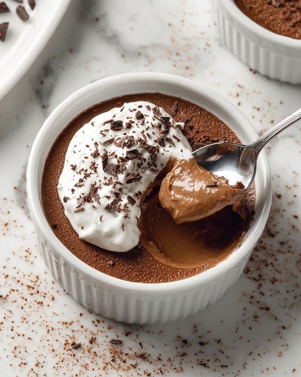 A small white round ramekin filled with chocolate mousse, showing a smooth and creamy light brown layer inside with a spoon scooping some out, topped with a dollop of white whipped cream lightly dusted with dark chocolate shavings. The ramekin sits on a white marbled surface with some scattered chocolate shavings around. Photo taken with an iphone --ar 4:5 --v 7