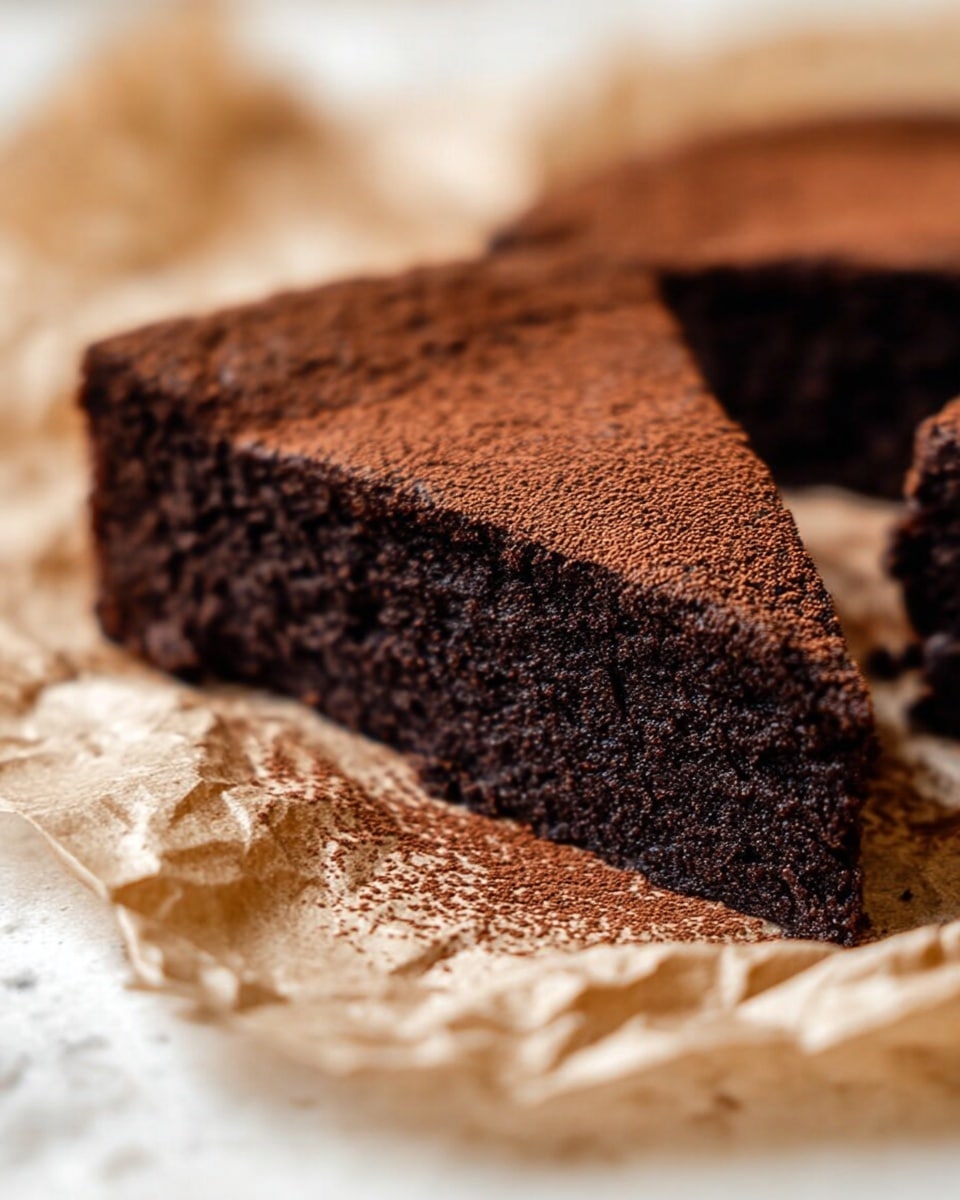 A close-up of a dark brown chocolate cake slice with a soft and dense texture, showing slight crumbs and a moist inside. The cake has one visible layer topped with a light dusting of fine cocoa powder, adding a dry, powdery texture on top. It is placed on crumpled light beige parchment paper, which rests on a white marbled surface. The background is softly blurred, focusing attention on the rich cake slice. photo taken with an iphone --ar 4:5 --v 7