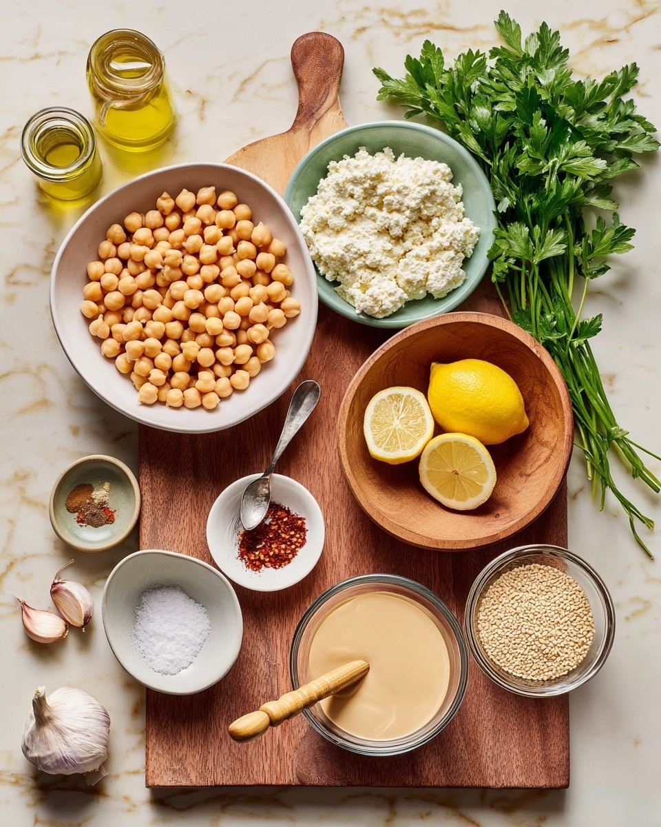 The image shows a wooden board on a white marbled surface, with several ingredients arranged neatly. On the top left, there is a white bowl filled with round, light brown chickpeas. Below it, a white bowl holds a creamy white mixture with a crumbly texture. To the right of the chickpeas, a wooden bowl contains two halves of a bright yellow lemon and a wooden juicer resting on top. Fresh green parsley bunch is placed to the right side of the board. Below the lemon bowl, a clear glass bowl contains a smooth beige sauce. Near the bottom right corner of the board, a white bowl holds small off-white sesame seeds. There are two garlic cloves near the center of the board, along with small bowls containing coarse salt, red chili flakes with a small spoon, and a light brown powdered spice. A clear bottle of olive oil is visible partially on the left side of the board. Photo taken with an iphone --ar 4:5 --v 7