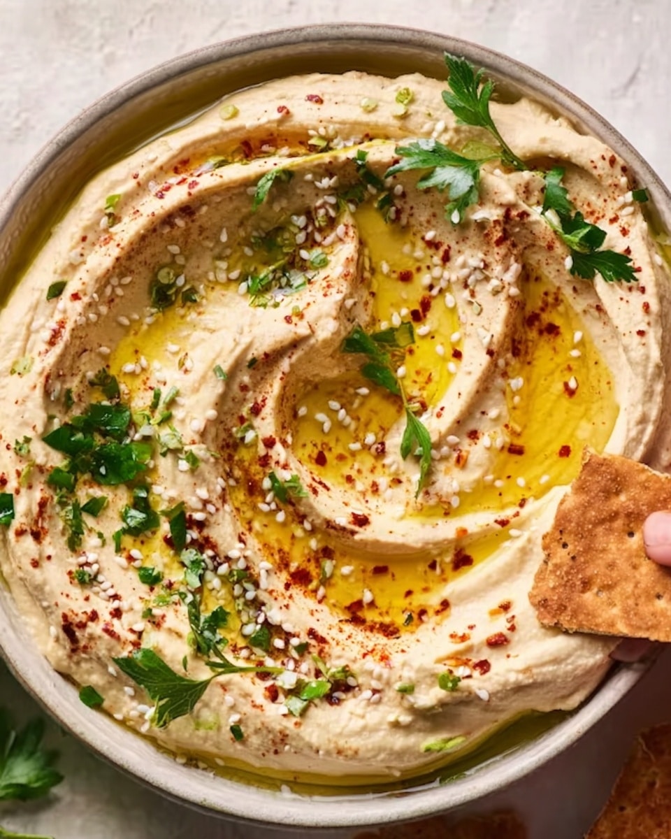 A close-up view of a white bowl filled with creamy light beige hummus spread evenly with soft waves and swirls on top. The hummus is drizzled with a golden yellow layer of olive oil, with red chili flakes and sesame seeds scattered across the surface. Small green parsley leaves are placed naturally on the hummus for a fresh look. A woman's hand holds a cracker dipped into the hummus near the bottom of the bowl. The bowl sits on a white marbled surface. photo taken with an iphone --ar 4:5 --v 7