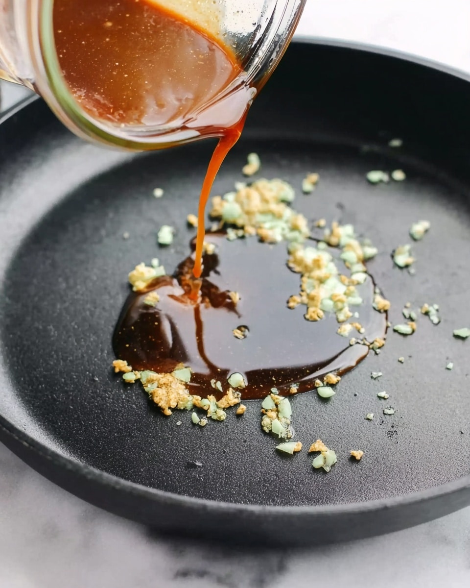 In a close-up view, a clear glass jar holds a brown sauce being poured into a black pan. The sauce flows smoothly into the center of the pan, where small bits of pale green garlic or ginger are scattered around, sizzling in clear oil. The pan sits on a white marbled surface, adding contrast to the dark pan and light scattered ingredients. The motion of the sauce pouring is captured mid-flow, giving a sense of action. Photo taken with an iphone --ar 4:5 --v 7