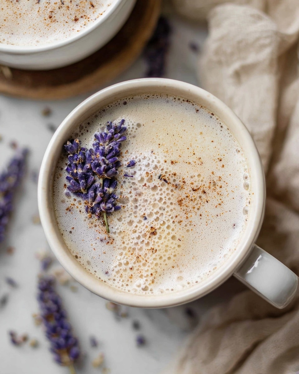 A close-up top view of a white cup filled with a light beige creamy drink. On the surface is a layer of white foam with many small bubbles gathered mostly in the center. The foam is sprinkled with fine brown powder, scattered unevenly. On top rests a small bunch of dried lavender flowers with deep purple buds placed in the middle. Around the cup, there are some dried lavender flowers and a glimpse of another white cup with a similar drink. The whole scene sits on a white marbled surface with some soft beige fabric partly visible. Photo taken with an iphone --ar 4:5 --v 7