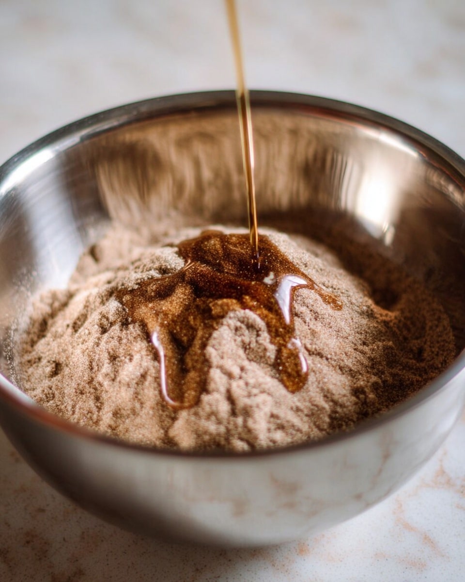 A shiny metal bowl holds a mound of light brown powder with a thin stream of dark amber liquid being poured over it, creating irregular patterns on the powder's surface. The background is a white marbled texture that softly reflects light, highlighting the metallic bowl's smooth and shiny inside. photo taken with an iphone --ar 4:5 --v 7