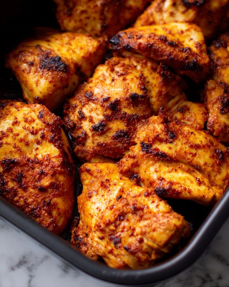 The image shows a close-up of several pieces of cooked chicken in a black pan. The chicken pieces are golden brown with a slightly crispy texture and some darker char marks. They have a well-spiced look with a mix of reddish and yellowish colors on the surface, suggesting a flavorful seasoning. The pan is rectangular with rounded corners and the chicken pieces are tightly arranged, filling the pan nearly all over a white marbled surface. photo taken with an iphone --ar 4:5 --v 7