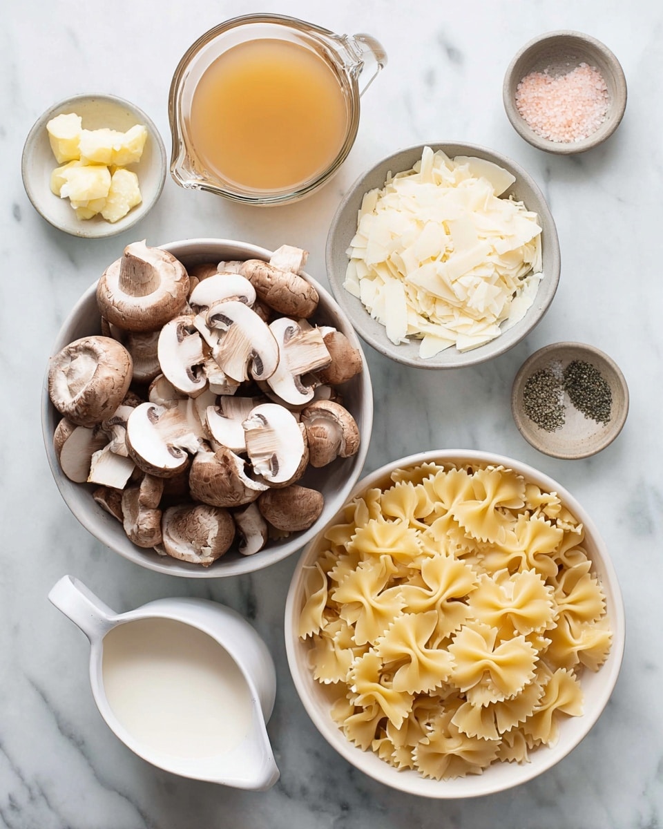 A top view shows seven bowls and one measuring cup on a white marbled surface. The largest bowl is filled with brown sliced mushrooms with white stems, placed on the left side. To the right is a white bowl with uncooked farfalle pasta, its bowtie shapes are pale yellow and fill the bowl. Above the pasta bowl is a light grey bowl holding flat white cheese shavings. Next to that is a clear measuring cup filled with golden brown broth. Below the mushrooms on the left are smaller bowls with minced garlic in pale yellow, and small white cheese chunks. A white pitcher with smooth thick cream is at the bottom left. Lastly, a small white plate at the bottom right holds three sections of pink salt, black pepper, and white salt. Photo taken with an iphone --ar 4:5 --v 7