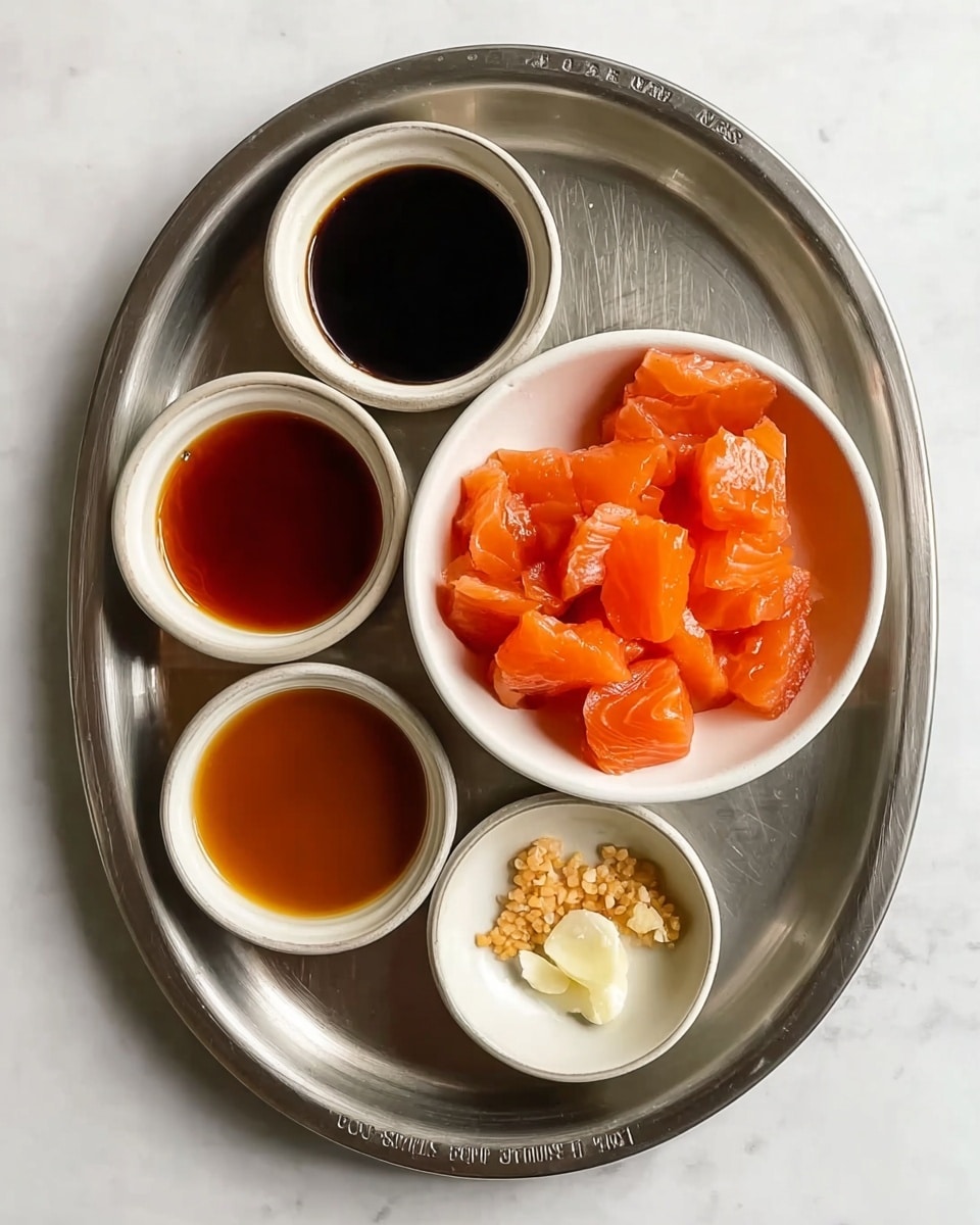 A metal tray holds five small white bowls arranged around a larger white bowl filled with thick, bright orange salmon pieces with smooth, slightly shiny texture. Each small bowl contains a different liquid or solid ingredient: one with a dark soy-colored sauce, another with a light brown liquid, a third with a reddish-brown liquid, a fourth with a creamy white liquid, and the last with small pale pieces that look like crushed garlic. The tray sits on a white marbled surface. photo taken with an iphone --ar 4:5 --v 7