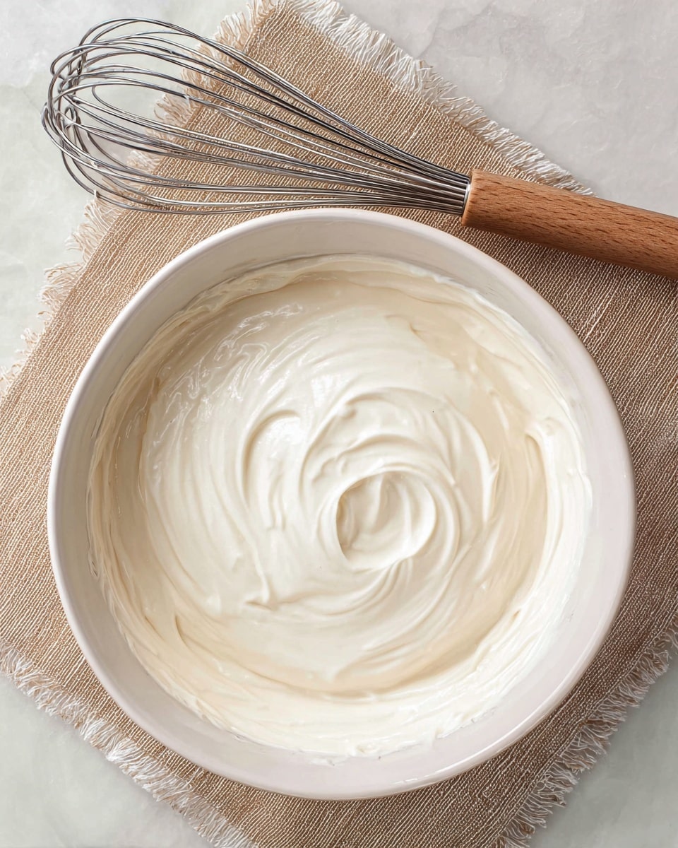A white creamy mixture swirled smoothly inside a white bowl, showing soft peaks and a glossy surface. The bowl sits on a white marbled surface, and above it lies a metal whisk with a wooden handle resting on a beige textured cloth. The creamy layer is thick and shiny, filling the bowl almost to the rim with visible swirls and soft peaks in the center photo taken with an iphone --ar 4:5 --v 7
