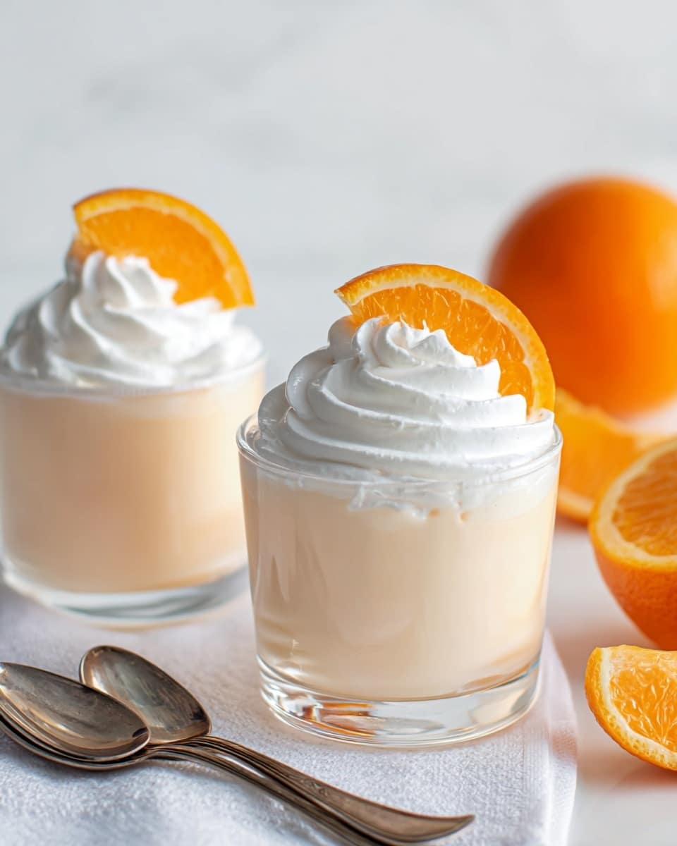 The image shows two clear glass cups filled with a smooth, pale orange creamy dessert. On top of each cup, there is a thick swirl of white whipped cream, crowned with a small bright orange slice. The cups are placed on a white marbled surface, with two vintage silver spoons on a white cloth in the lower left corner. In the background, slightly blurred, are a whole orange and a halved orange, adding bright, fresh color to the scene. photo taken with an iphone --ar 4:5 --v 7