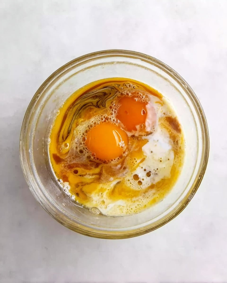 A clear glass bowl sits on a white marbled surface, filled with a mixture of several ingredients. The bowl contains visible separate layers, with two bright orange egg yolks, white egg whites, and some light brown and yellow liquids that appear to be oil or sauce with some small bubbles. The colors swirl together in the bowl but remain mostly distinct, giving a marbled effect inside the transparent bowl, which is viewed from above. photo taken with an iphone --ar 4:5 --v 7