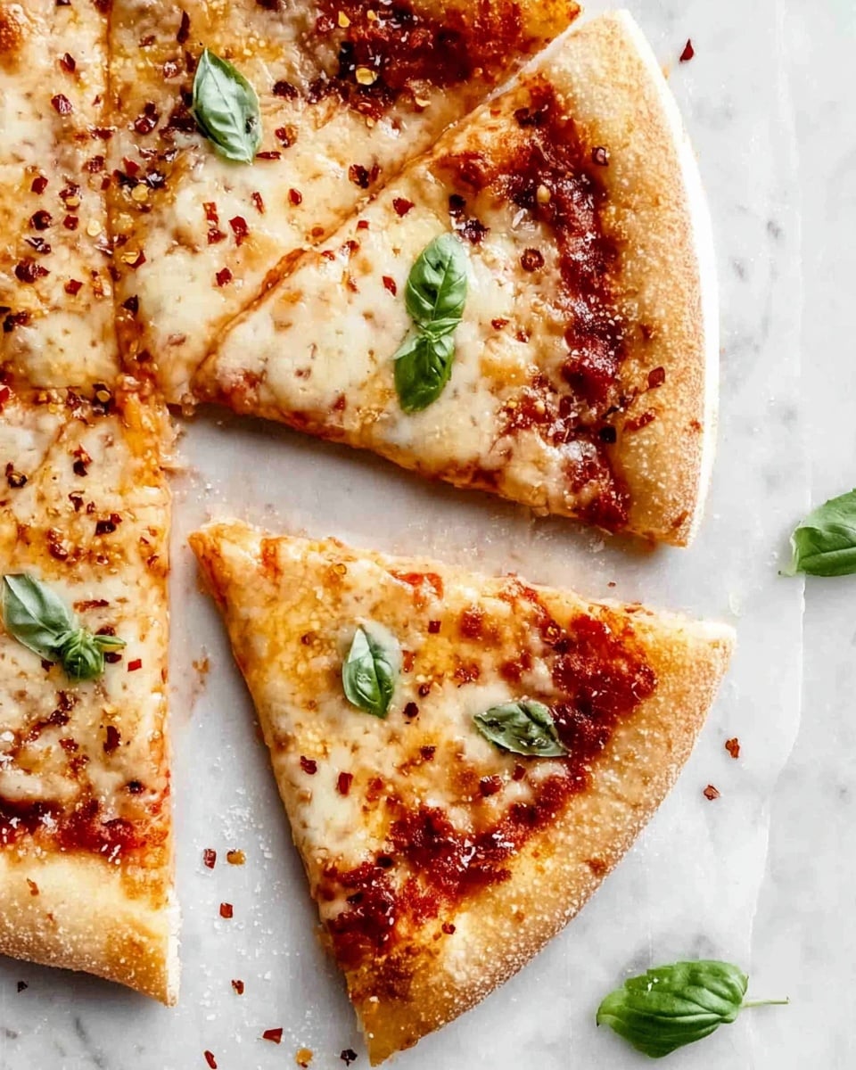 A close-up top view of a simple cheese pizza sliced into pieces on a white marbled surface. The bottom layer is a golden brown crust with a slightly textured edge. On top of the crust, there is a layer of red tomato sauce peeking out beneath melted cheese. The cheese layer is thick, with creamy white and light golden areas, showing some bubbling and slight browning. Scattered on the cheese are small red chili flakes and a few fresh green basil leaves placed evenly across the pizza. There are some basil leaves and chili flakes also scattered around on the white marbled background. photo taken with an iphone --ar 4:5 --v 7