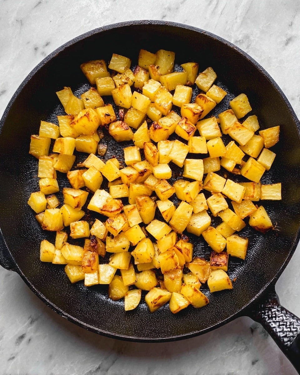 The image shows a black cast iron pan filled with small, evenly diced golden yellow potato cubes. The potatoes have some light brown edges, indicating they are cooked and slightly crisp. The pan is positioned on a white marbled surface, emphasizing the warm color of the potatoes. The pan handle is visible on the right side, and the textured black surface of the pan creates a contrast with the bright yellow and brown of the potato pieces. photo taken with an iphone --ar 4:5 --v 7
