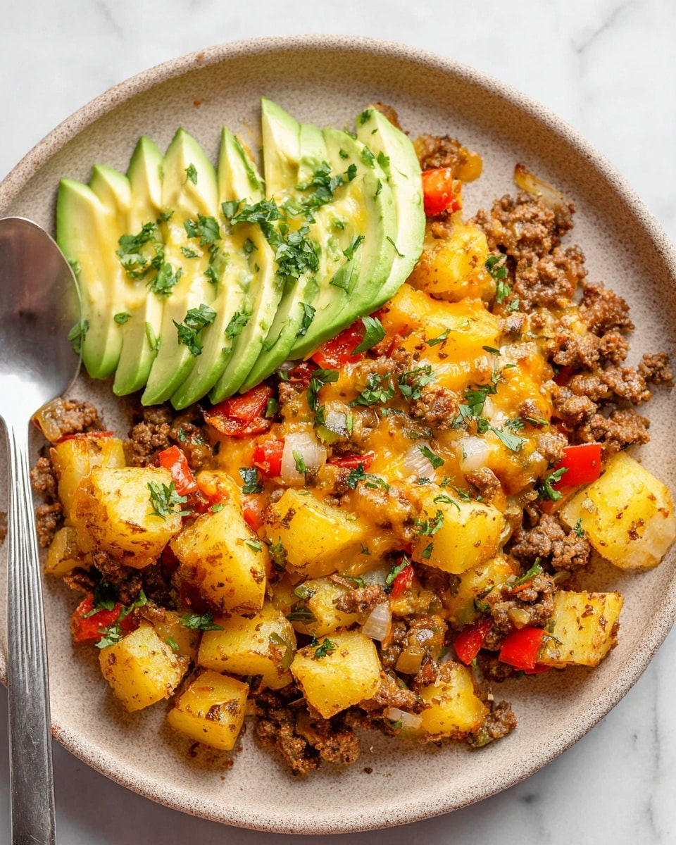 The dish shows two main layers on a light beige plate with a white marbled surface underneath. The bottom layer is a mix of cooked ground meat and cubed yellow potatoes, scattered with small pieces of red bell peppers and white onions, all mixed with melted cheddar cheese that adds a golden texture. On top of this savory mix, neatly placed at the side, are thin slices of green avocado arranged in a slight curve, sprinkled with fresh chopped green herbs. A silver spoon is partially visible on the left side of the plate. photo taken with an iphone --ar 4:5 --v 7