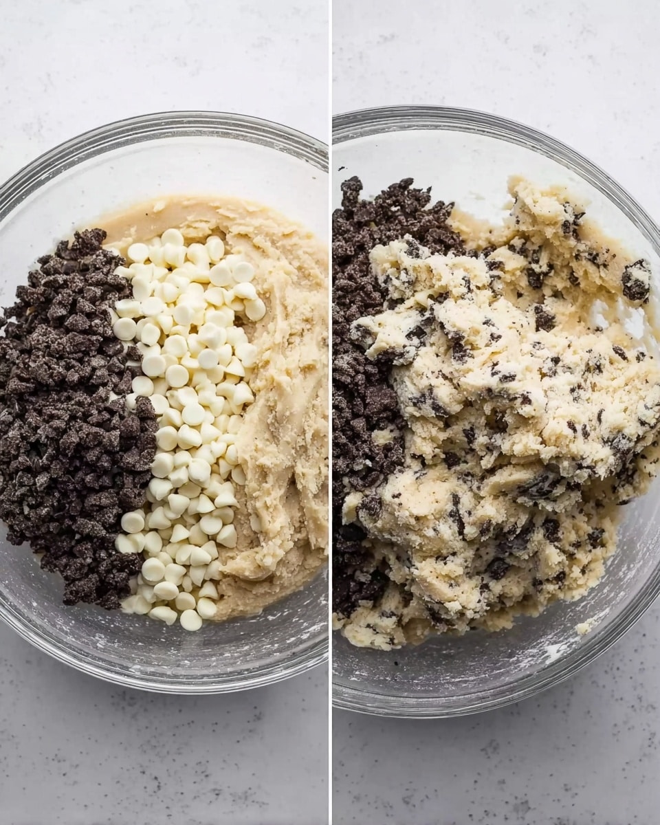 Two clear glass bowls sit side by side on a white marbled surface, each containing layers of cookie ingredients. The left bowl shows three main layers: a pale, creamy cookie dough on the bottom, a pile of white chocolate chips on the left side, and dark, crushed cookie pieces on the right. The right bowl displays a mix where all these ingredients have been combined, forming a thick, speckled dough with white and dark bits spread evenly throughout. The texture looks soft and sticky. Photo taken with an iphone --ar 4:5 --v 7