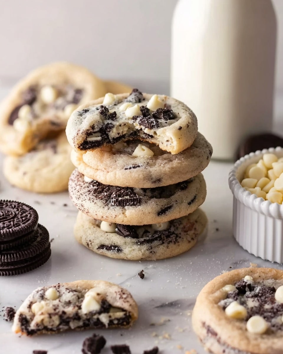 The image shows a stack of four round cookies on a white marbled surface, each cookie filled with white chocolate chips and pieces of dark chocolate sandwich cookies. The cookies have a light beige color with dark cookie bits scattered unevenly throughout. Around the stack, there are a few single cookies lying flat, also packed with the same chocolate pieces. To the left, a small pile of whole dark chocolate sandwich cookies is visible. On the right side, there is a white, scalloped-edged bowl filled with white chocolate chips. In the background, a clear glass bottle of milk stands tall, slightly blurred. The lighting is soft and natural, highlighting the textures of the cookies and chocolate. photo taken with an iphone --ar 4:5 --v 7