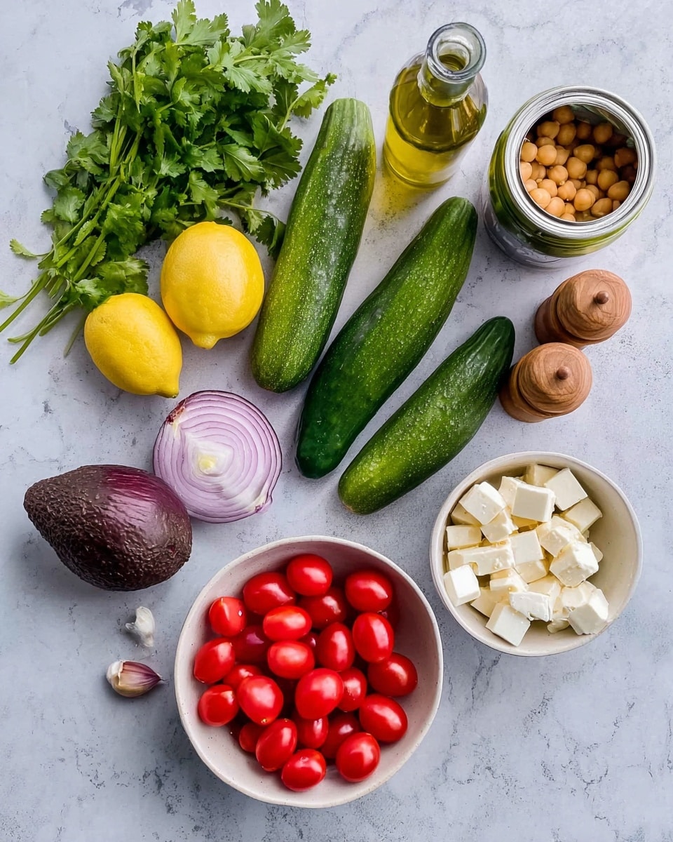 The image shows fresh ingredients arranged on a white marbled surface, including a bunch of green cilantro on the left, three dark green cucumbers beside it, a whole purple onion and a small clove of garlic below the cucumbers, and a whole avocado and yellow lemon near the top left. A small glass bottle with oil, two wooden salt and pepper shakers, and a can of chickpeas with the lid open are placed toward the top center and right. Two white bowls are also present: one filled with bright red cherry tomatoes near the right center, and the other with white cubes of cheese at the bottom right. Photo taken with an iphone --ar 4:5 --v 7