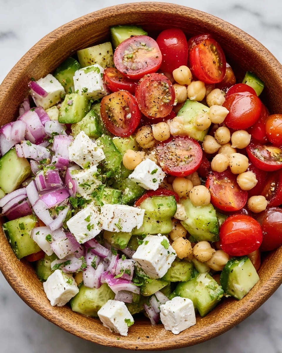 The image shows a colorful fresh salad in a wooden bowl. The salad has four main layers: a layer of whole cherry tomatoes and chopped cucumbers both bright red and green, a layer of white cubes of cheese, a layer of sliced light-purple red onions, and light tan chickpeas scattered throughout. The textures vary from smooth, shiny cherry tomatoes, crisp cucumbers, creamy cheese cubes, to tender chickpeas. The salad is lightly sprinkled with black pepper and chopped green herbs, adding green specks across the ingredients. The bowl sits on a white marbled surface. photo taken with an iphone --ar 4:5 --v 7
