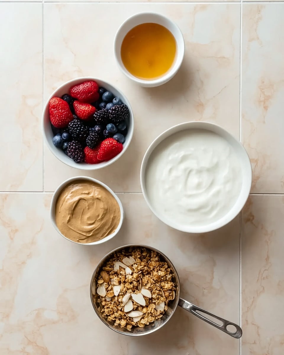 The image shows five separate white bowls and a small pan, all placed on a white marbled surface. At the top, there is a small white bowl filled with a golden honey-like liquid. Below it, another small white bowl holds a thick light brown spread. To the left, a small white bowl contains fresh mixed berries including strawberries, blackberries, and blueberries, all colorful and fresh. Below this, a small pan holds a crunchy granola mix with sliced almonds on top. Finally, at the bottom right, a larger white bowl is filled with smooth white yogurt, showing a creamy texture. photo taken with an iphone --ar 4:5 --v 7