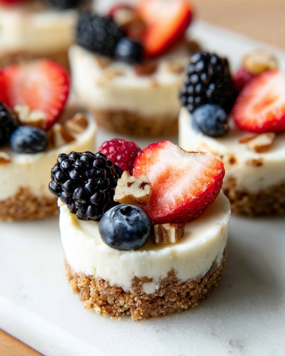 The image shows small round mini cheesecakes with two clear layers sitting closely together on a white marbled surface. The bottom layer is a crumbly, rough-textured brown crust that looks crunchy. The top layer is thick, creamy, and smooth white cheesecake filling. Each cheesecake is decorated on top with colorful fresh fruits including dark blackberries, bright red strawberry slices, and round blue blueberries. There are also small pieces of light brown nuts scattered on the white cheesecake layer. The image focuses closely on the front mini cheesecakes, showing the details of the textures and fruits with soft natural light. photo taken with an iphone --ar 4:5 --v 7