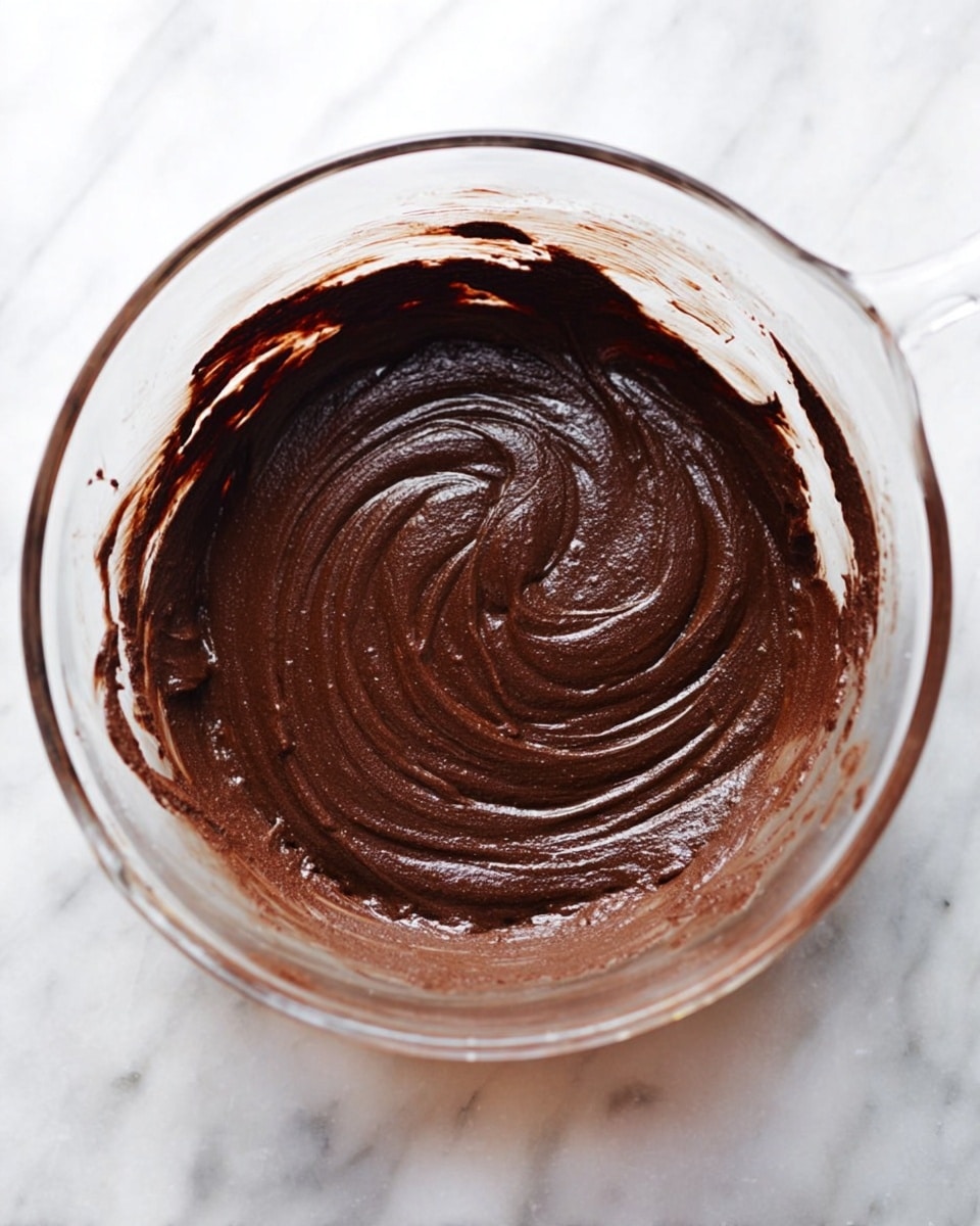 A clear glass bowl filled with smooth, dark brown chocolate batter, swirled gently on top, showing a thick and creamy texture. The bowl is placed on a white marbled surface, and some batter is smeared around the sides inside the bowl. The image is shot from above, focusing on the rich, shiny batter. photo taken with an iphone --ar 4:5 --v 7