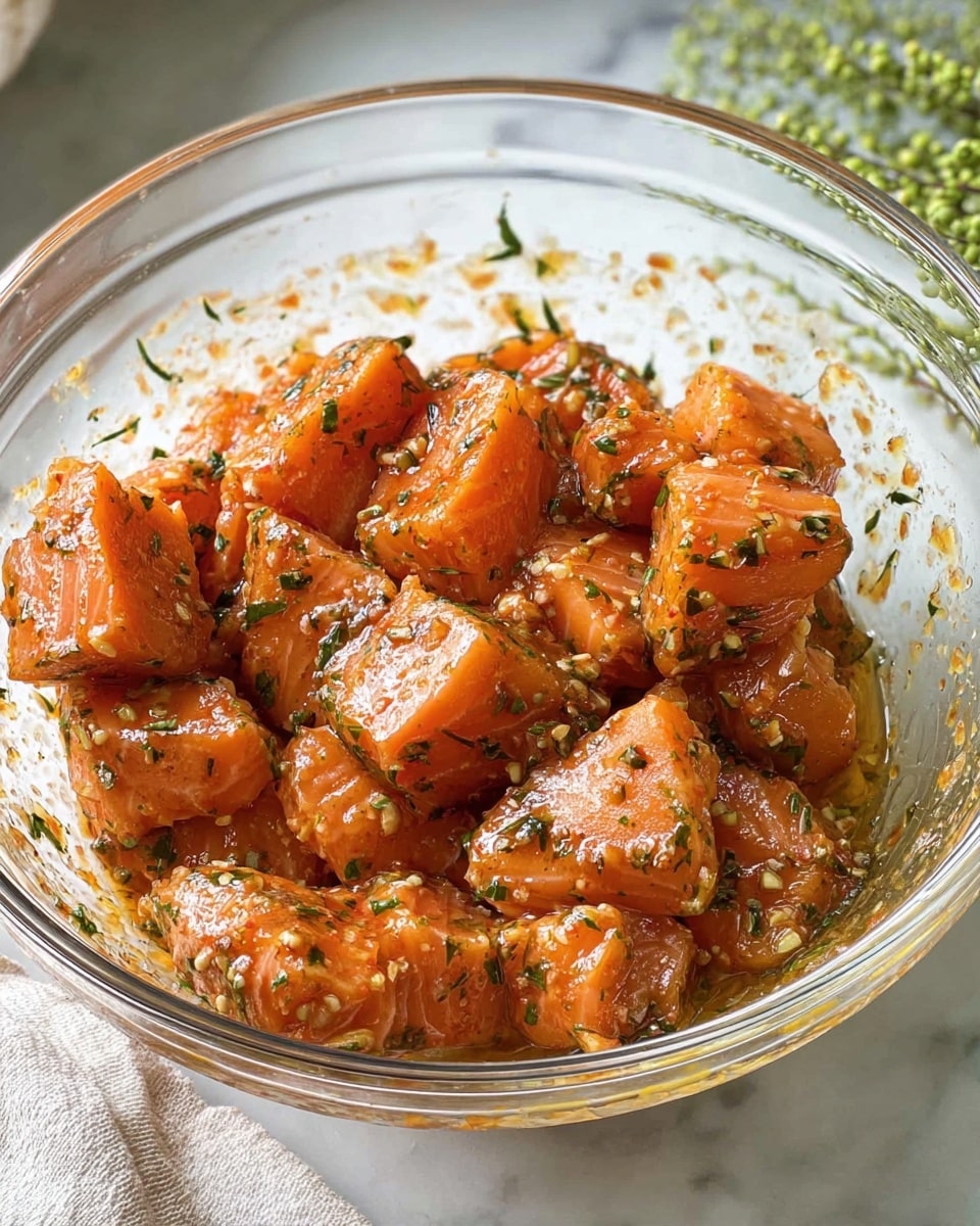 A clear glass bowl filled with several chunky pieces of raw salmon coated in a reddish-orange marinade with small bits of herbs and garlic visible throughout. The salmon pieces are cubed, showing their pinkish-orange color mixed with the glossy, thick sauce that has green herb flecks. The bowl is placed on a white marbled surface with a soft cloth and green plant slightly visible in the background. photo taken with an iphone --ar 4:5 --v 7