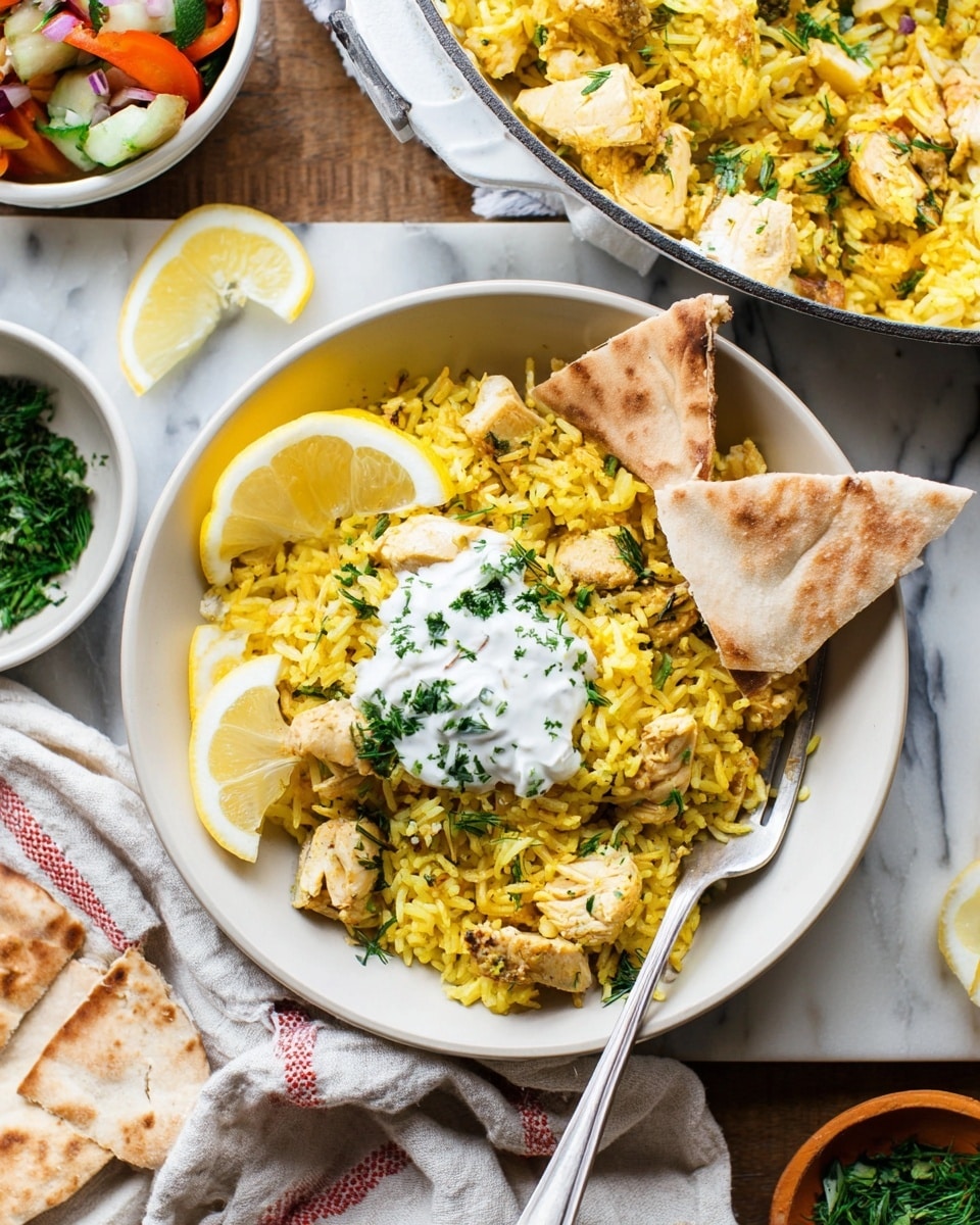 A white bowl filled with yellow rice mixed with small chunks of light brown cooked chicken, garnished with green herbs and topped with a dollop of white sauce sprinkled with more green herbs in the center. Thin lemon slices are arranged along one side of the rice. Two warm, triangular pieces of flatbread lean against the rice on the right side of the bowl. A silver fork rests partially inside the bowl on the right, with some rice and chicken on it. The bowl sits on a white marbled surface with a striped cloth napkin nearby. In the background, a white pan contains more yellow rice and chicken with lemon slices and white sauce. Small dishes holding green herbs and part of a colorful salad are also visible. Photo taken with an iphone --ar 4:5 --v 7