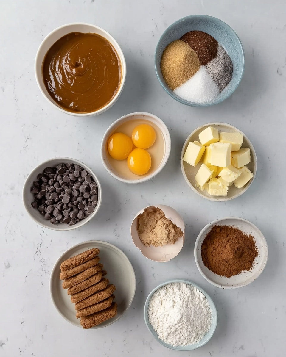 The image shows seven small white bowls and plates arranged in a vertical pattern on a white marbled surface. From top to bottom and left to right: the first bowl has a smooth brown caramel-like sauce with a shiny texture, the second bowl holds a mix of granulated brown and white sugar, the third holds small irregular chunks of pale yellow butter, the fourth has a handful of round dark chocolate chips, the fifth plate contains rectangular brown biscuits with a rough texture, the sixth bowl shows three cracked eggs with golden yolks and clear whites, and the seventh bowl displays a dry mix of white flour, dark brown cocoa powder, light brown cinnamon, and a sprinkle of white baking powder. Photo taken with an iphone --ar 4:5 --v 7