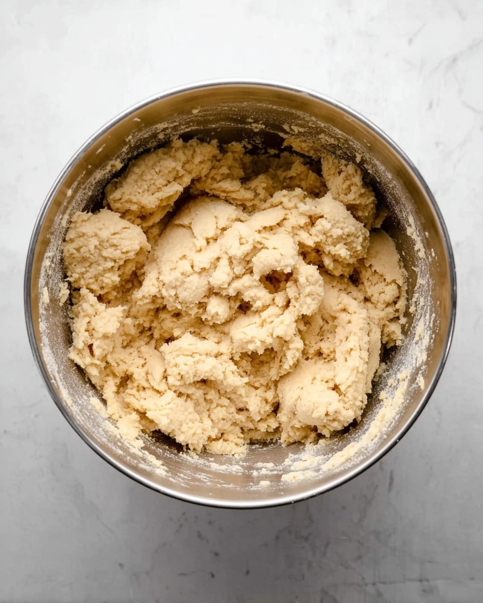 The image shows a close-up top view of a large silver metal mixing bowl filled with a thick, beige dough mixture. The dough has a rough, soft texture with some small lumps and is pressed together in the middle of the bowl, leaving some dough remnants on the sides. The bowl sits on a white marbled surface, and the lighting is bright, making the dough appear slightly moist. photo taken with an iphone --ar 4:5 --v 7