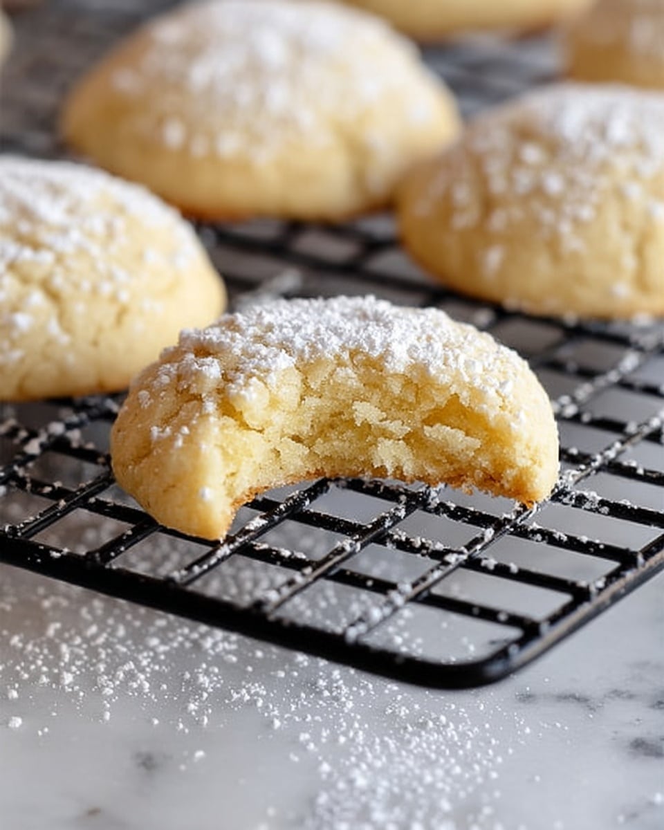 The image shows several light golden round cookies with a soft texture sitting on a black cooling rack over a white marbled surface. One cookie in the front has a bite taken out of it, revealing a fluffy, airy inside with a slightly crumbly texture. The cookies are sprinkled lightly with powdered sugar, which also dusts the white marbled surface around the rack, adding a delicate touch. The cooling rack's thin black metal bars create a grid pattern beneath the cookies. photo taken with an iphone --ar 4:5 --v 7