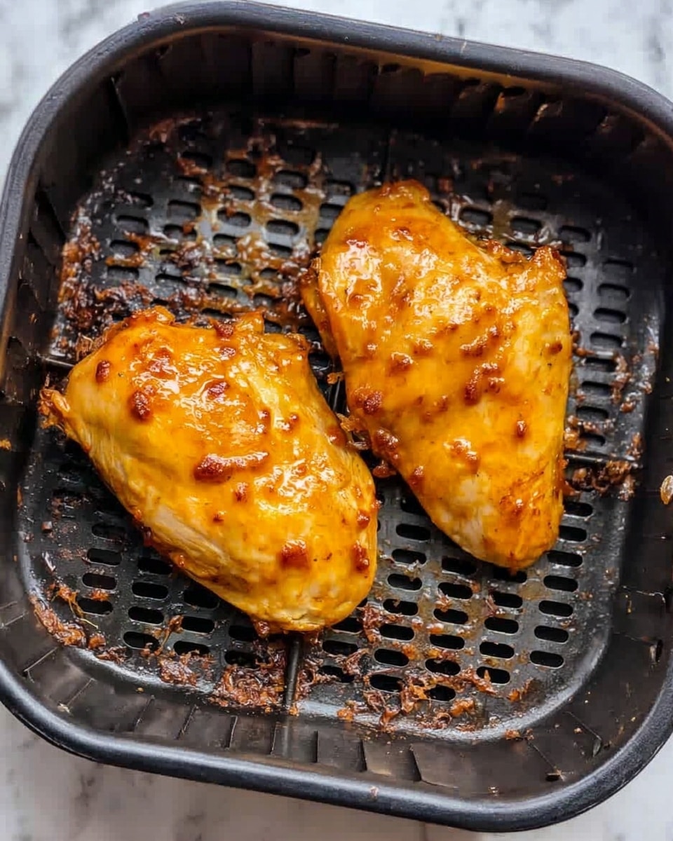 Two pieces of orange-colored cooked chicken with a shiny sauce are placed side by side in a black air fryer basket with holes. The chicken has some small darker spots and textured lines from cooking. Dark brown bits and crumbs are stuck around the basket, especially near the edges. The basket sits on a white marbled surface. photo taken with an iphone --ar 4:5 --v 7
