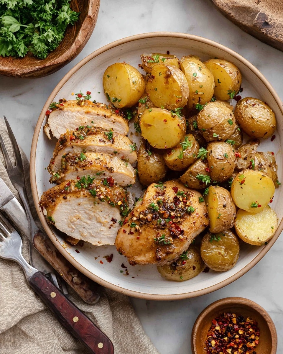 A white round plate filled with two main layers: the bottom layer has small golden brown roasted potatoes with a slightly crispy texture, some cut in halves showing a soft yellow inside; the top layer has four pieces of golden brown cooked chicken with a light crispy outer skin, sprinkled with finely chopped green herbs and red pepper flakes. The plate sits on a white marbled surface with a beige cloth napkin partially visible on the side and two forks with dark wooden handles at the bottom left. A small wooden bowl of crushed red pepper flakes and some fresh green parsley leaves are seen in the background. photo taken with an iphone --ar 4:5 --v 7