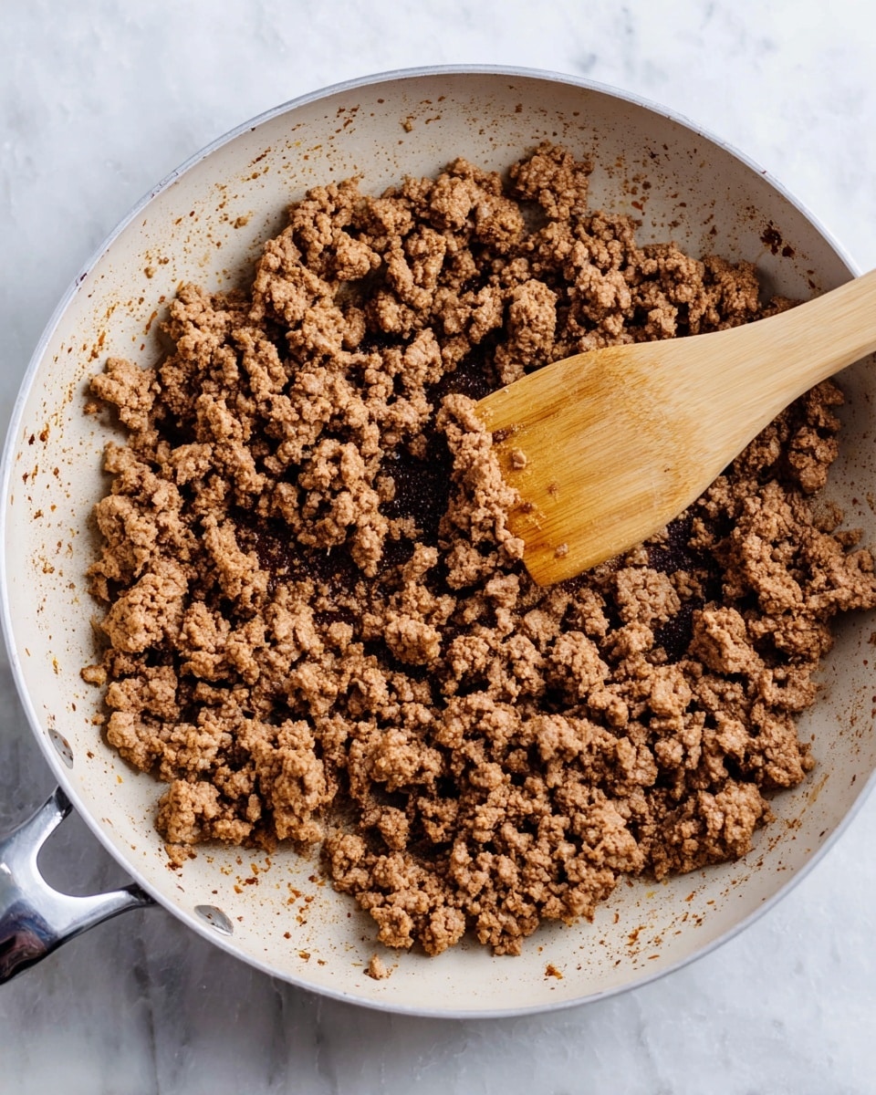 The image shows a white skillet filled with cooked ground meat that is crumbly and brown in color, evenly spread out across the pan. A light wooden spoon rests on top of the meat, with the handle pointing to the right, showing some grease stains. The skillet sits on a white marbled surface. Photo taken with an iphone --ar 4:5 --v 7