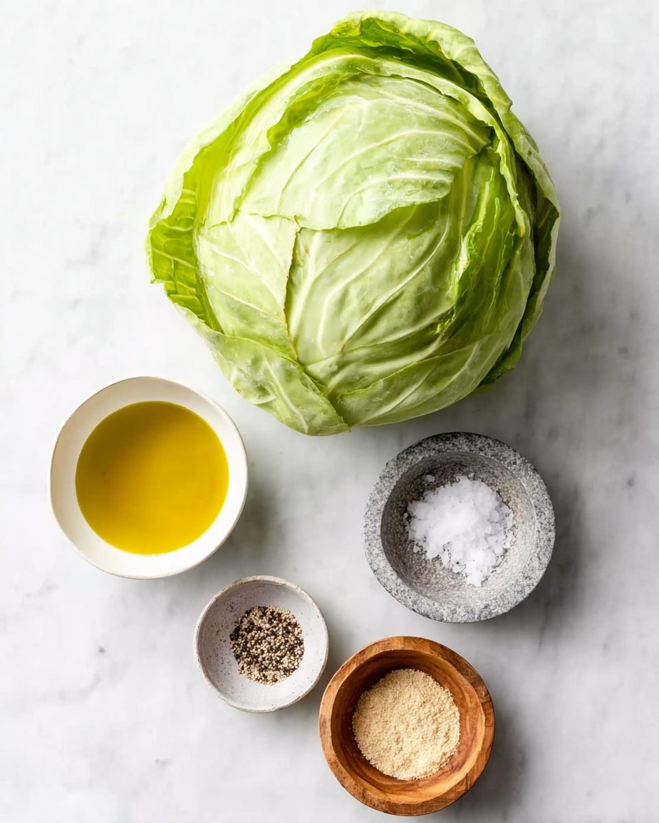 A whole light green cabbage sits on a white marbled surface, with layers of tightly packed, smooth, and slightly ruffled leaves visible. Around the cabbage, there are four small round bowls arranged in a loose square: a white bowl filled with golden yellow olive oil in the bottom left, a wooden bowl with fine white salt in the top right, a gray stone bowl with a mix of coarse black and white pepper in the bottom left corner, and a beige bowl containing light tan garlic powder next to the wooden bowl. The image has a clean and fresh feel. photo taken with an iphone --ar 4:5 --v 7