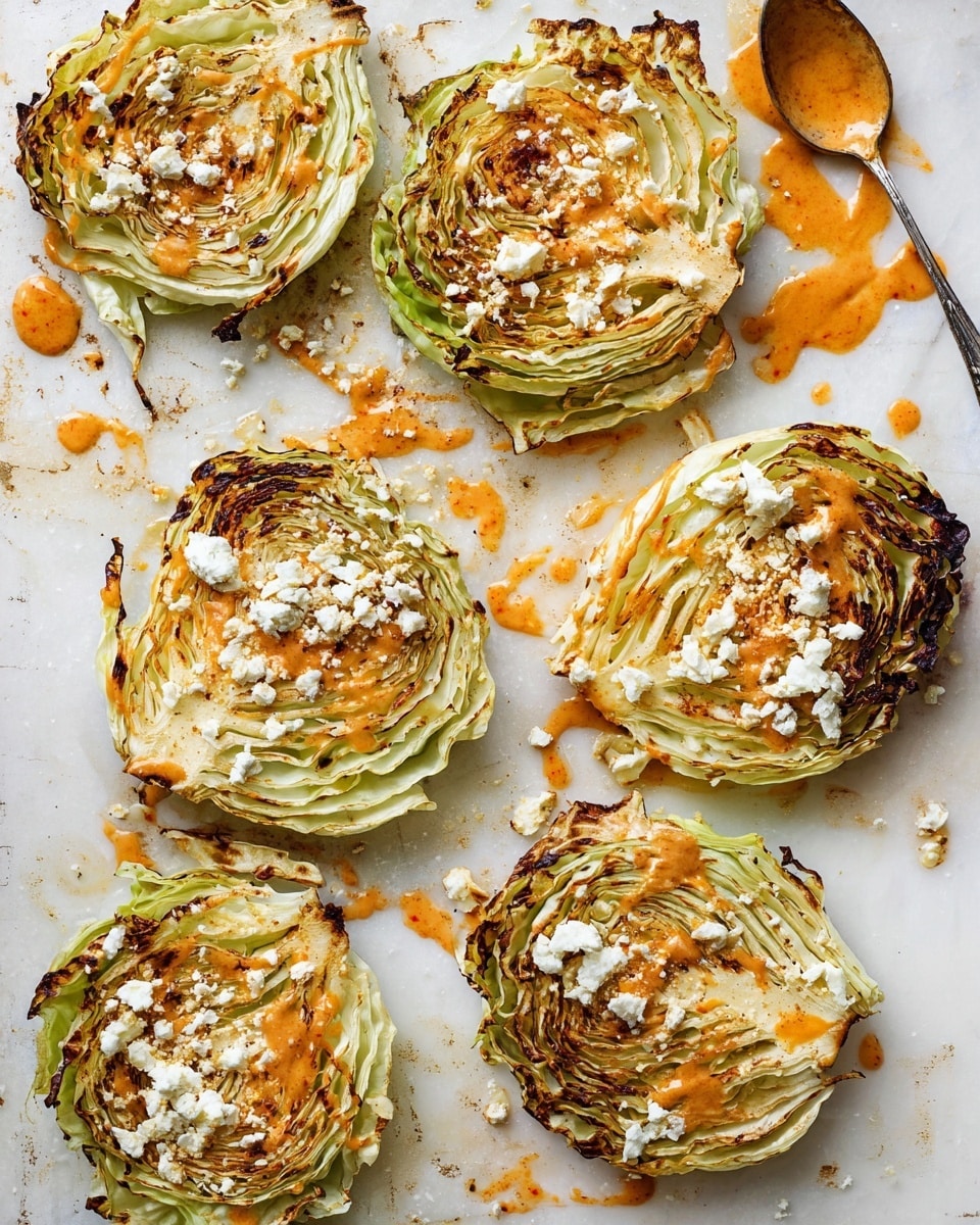 Six round slices of roasted cabbage with brown, crispy edges and soft, light green and white layers are spread on a white marbled surface. Each slice has burnt and tender layers curling slightly outward, some topped with scattered crumbled white cheese and drizzled orange sauce. Near the top right, a silver spoon rests with thick orange sauce dripping onto the surface, adding an extra touch of color and texture. The overall look is rustic and inviting, with slight charring and a mix of colors and textures that highlight the cabbage’s layers and toppings photo taken with an iphone --ar 4:5 --v 7