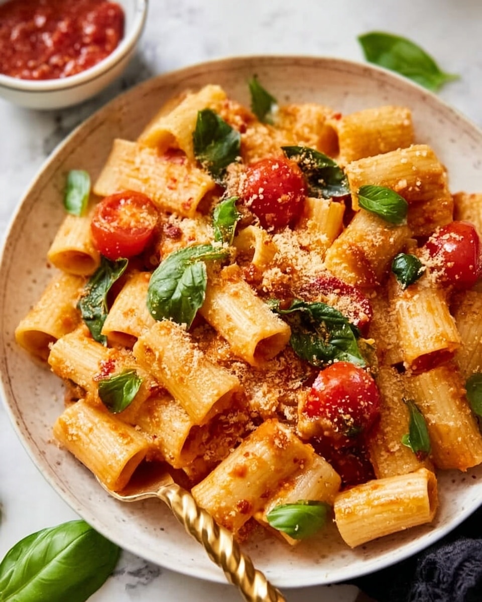 The image shows a round white plate filled with rigatoni pasta mixed with halved cherry tomatoes and fresh green basil leaves spaced throughout. The pasta is coated in a light reddish-orange sauce with visible small chili flakes and a sprinkling of grated cheese on top, giving a fine, crumbly texture. A twisted golden spoon rests partially inside the plate on a white marbled surface, with a few fresh basil leaves placed nearby. In the background, there is a small white bowl filled with red chili sauce. Photo taken with an iphone --ar 4:5 --v 7